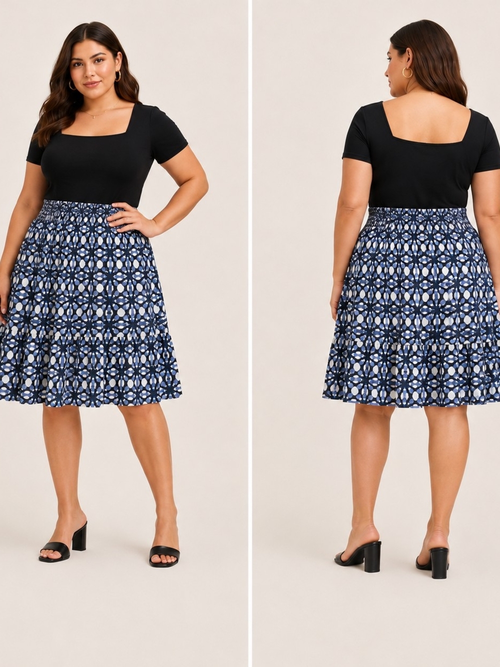 Woman Within 18/20 Blue Geometric Tiered Midi Skirt Elastic Waist